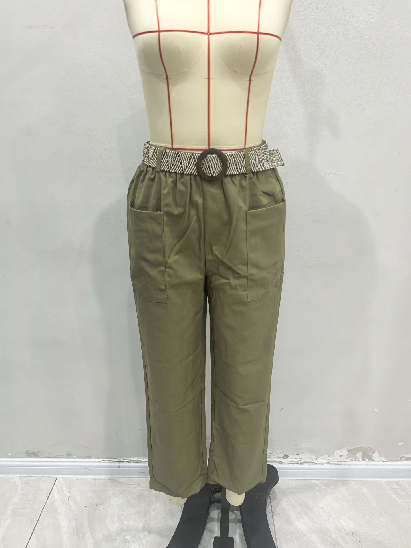 Straight-Leg Trousers with Elastic High Waist and Patch Pockets