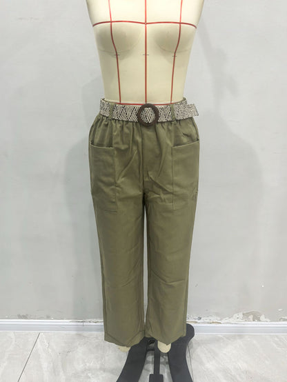 Straight-Leg Trousers with Elastic High Waist and Patch Pockets
