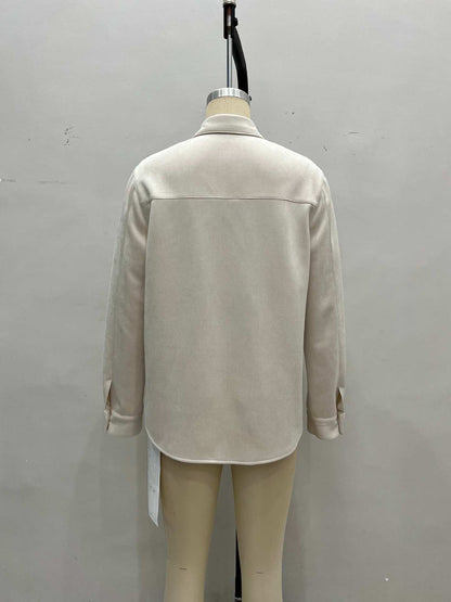Suede-Look Floral Applique Overshirt with Lapel