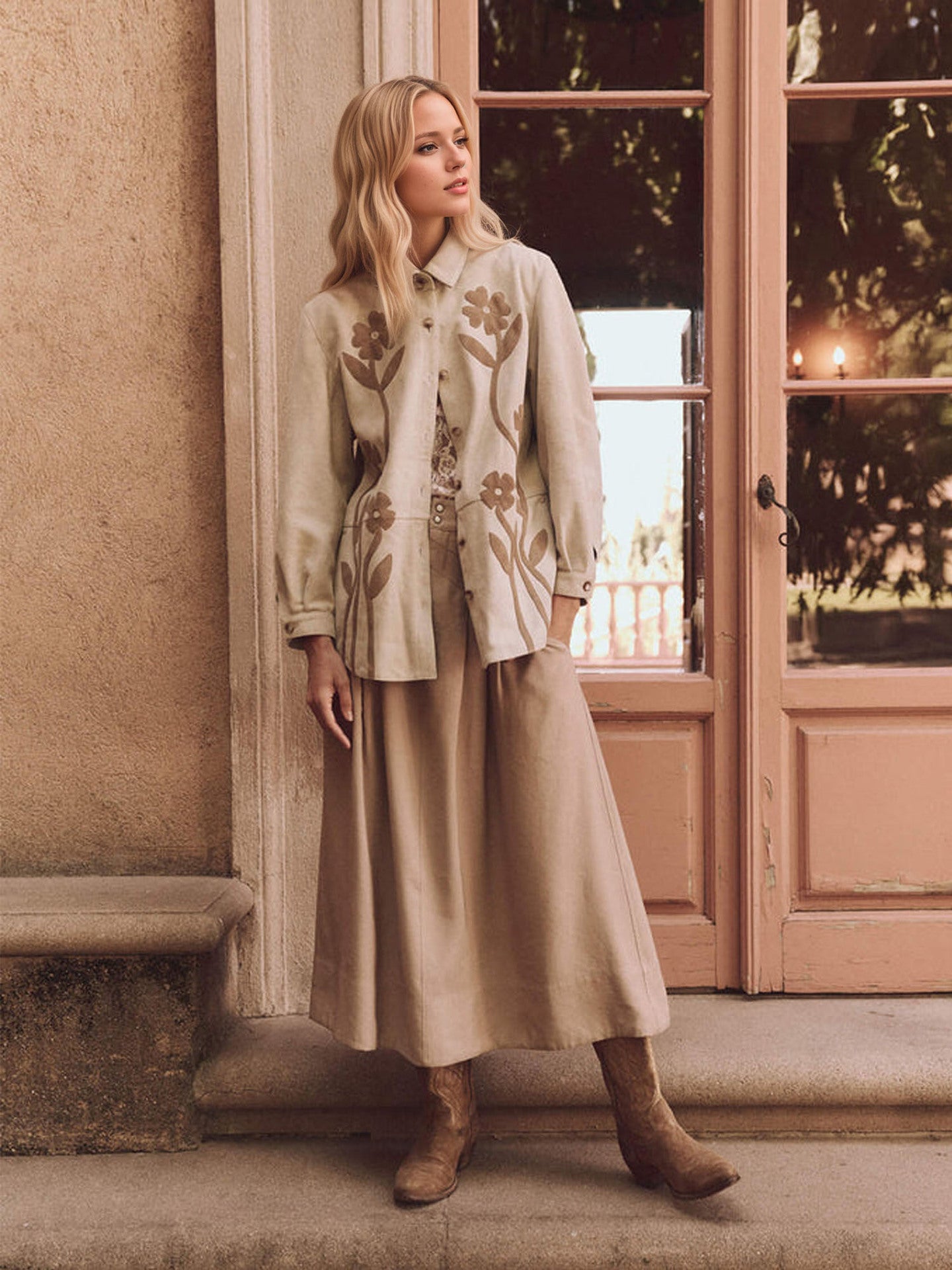 Suede-Look Floral Applique Overshirt with Lapel