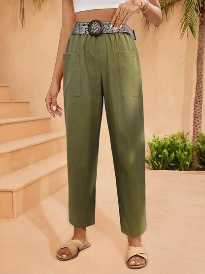 Straight-Leg Trousers with Elastic High Waist and Patch Pockets