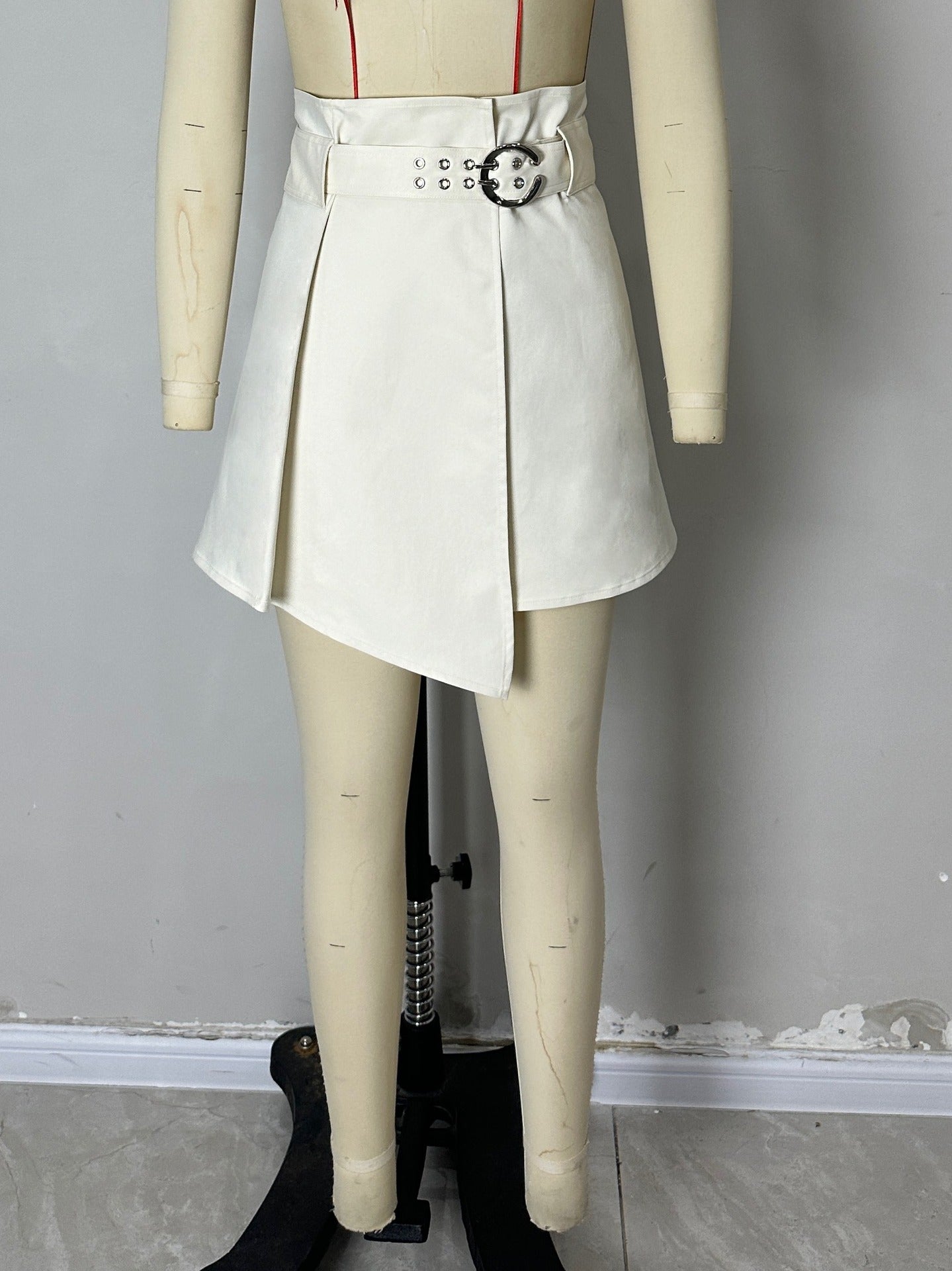 High-Waisted A-Line Short Skirt with Belted Waist and Asymmetrical Hem