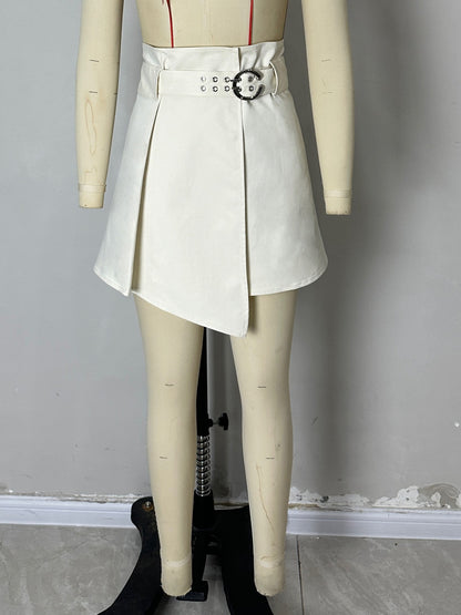 High-Waisted A-Line Short Skirt with Belted Waist and Asymmetrical Hem