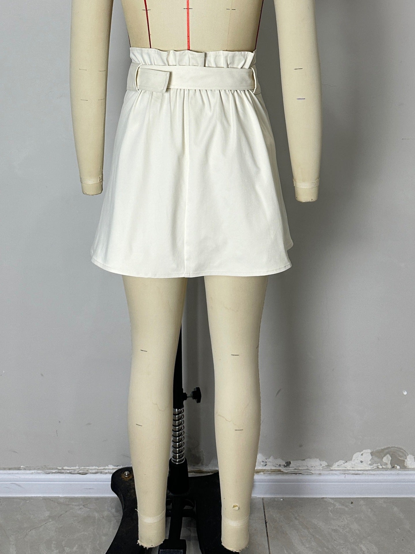 High-Waisted A-Line Short Skirt with Belted Waist and Asymmetrical Hem
