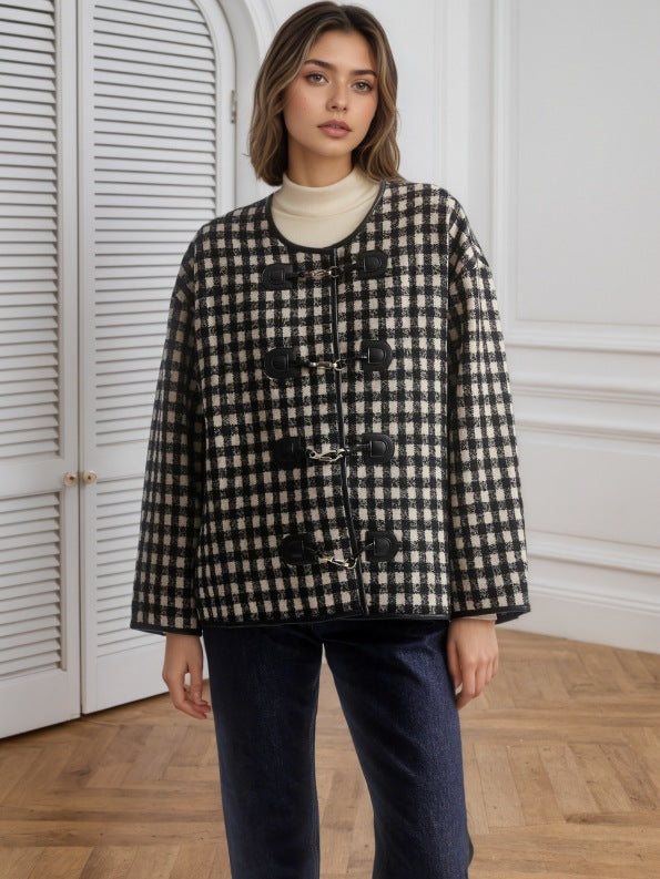 Gingham Check Jacket with Metal Buckle Front and Round Neck