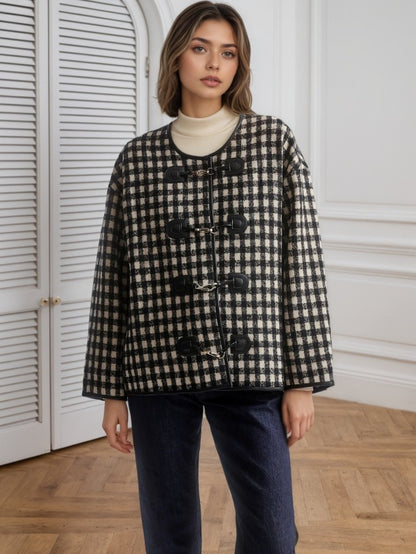 Gingham Check Jacket with Metal Buckle Front and Round Neck