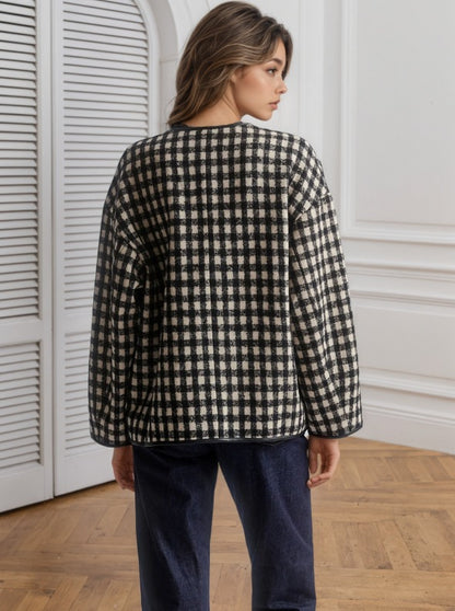 Gingham Check Jacket with Metal Buckle Front and Round Neck