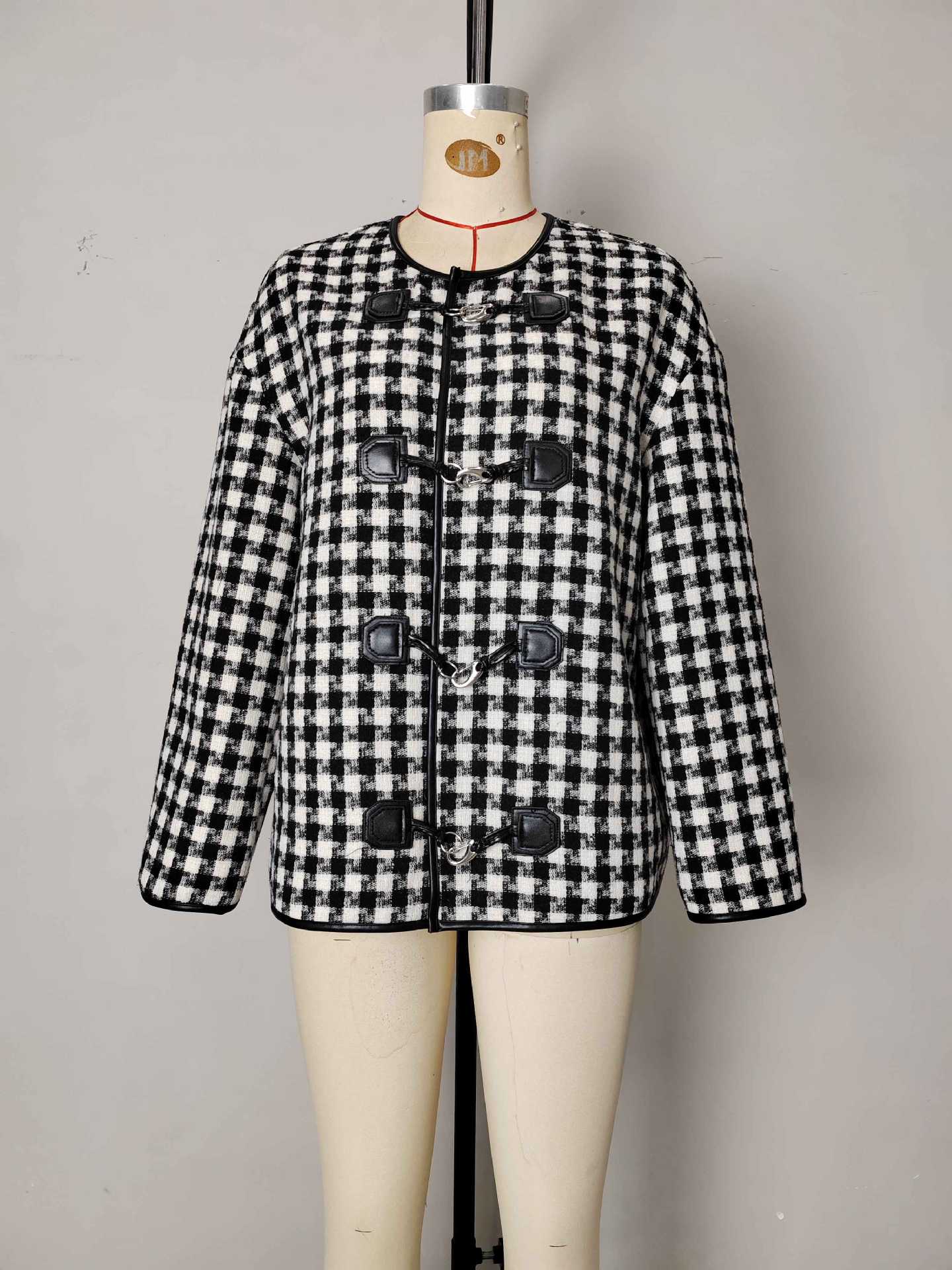 Gingham Check Jacket with Metal Buckle Front and Round Neck