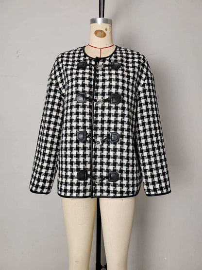 Gingham Check Jacket with Metal Buckle Front and Round Neck