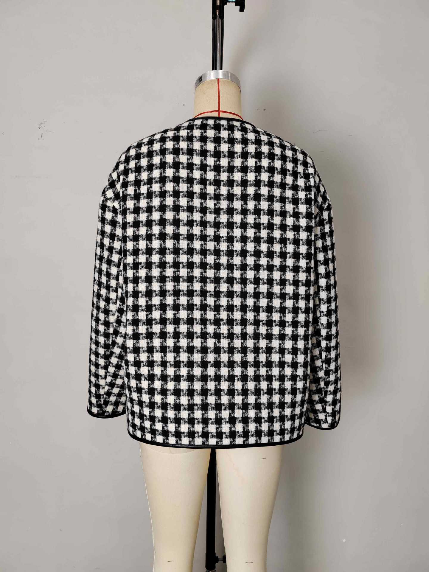 Gingham Check Jacket with Metal Buckle Front and Round Neck