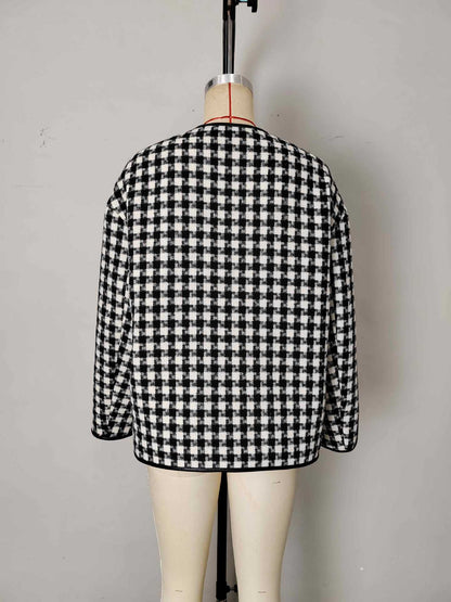 Gingham Check Jacket with Metal Buckle Front and Round Neck