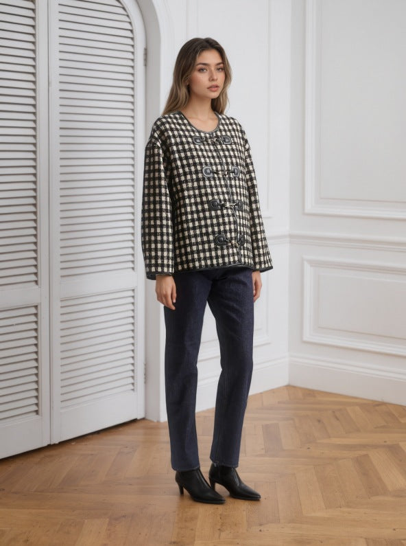 Gingham Check Jacket with Metal Buckle Front and Round Neck