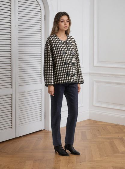 Gingham Check Jacket with Metal Buckle Front and Round Neck