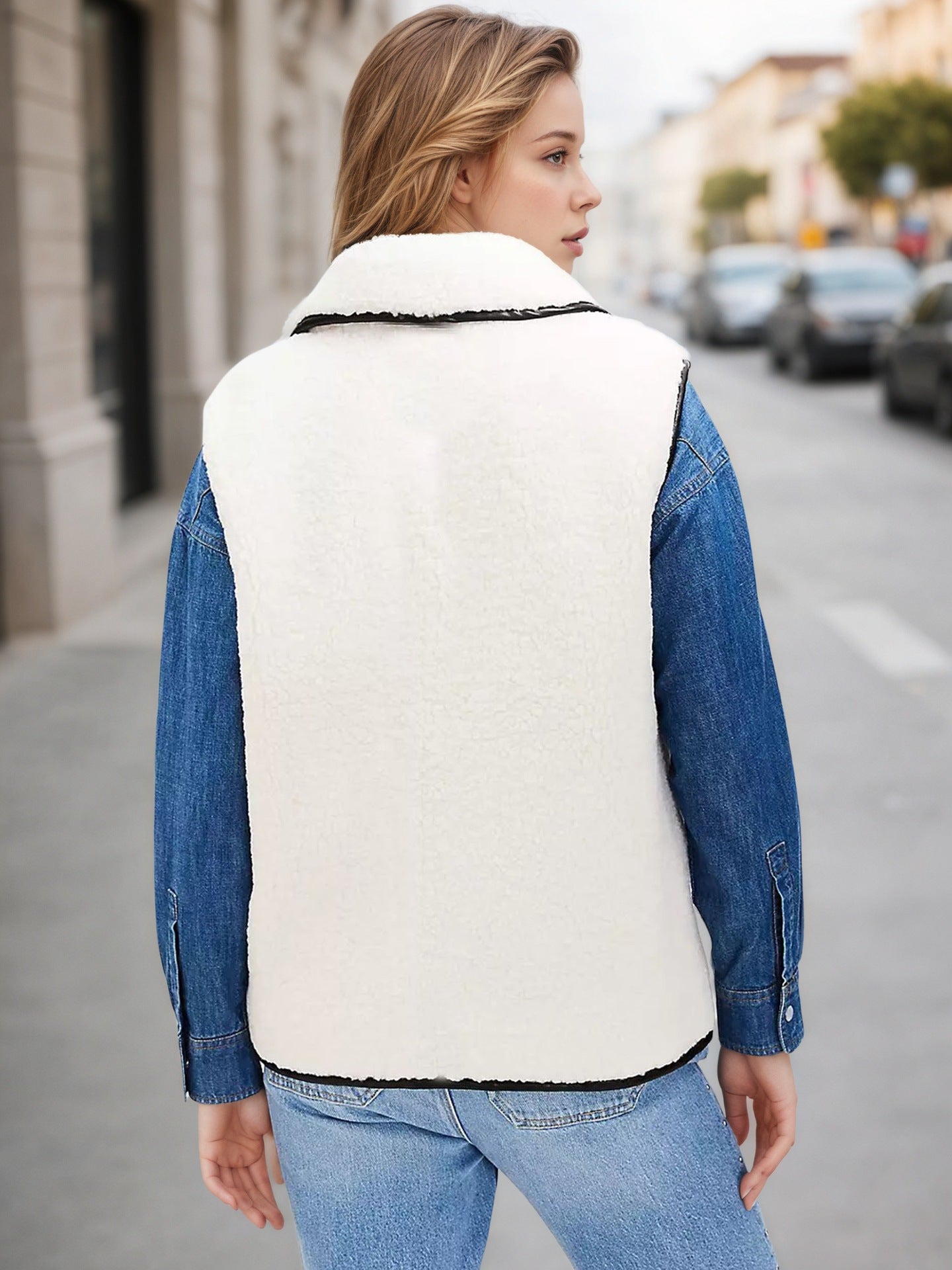 Faux Shearling Vest with Lapel Collar and Black Piping