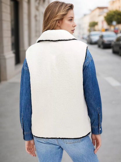 Faux Shearling Vest with Lapel Collar and Black Piping