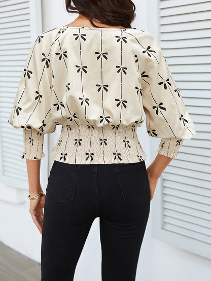 Bow Print Lantern Sleeve Blouse with Smocked Waist