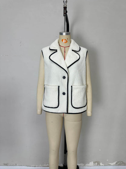 Faux Shearling Vest with Lapel Collar and Black Piping