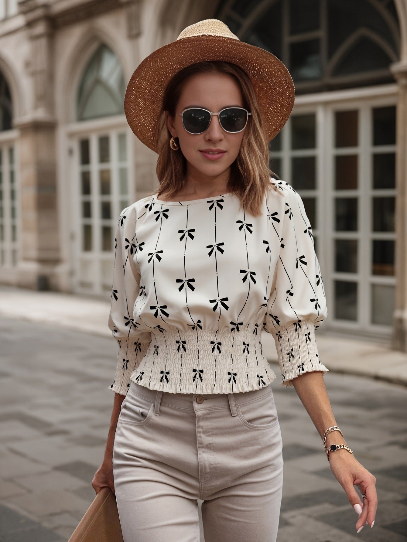Bow Print Lantern Sleeve Blouse with Smocked Waist