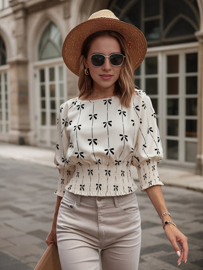Bow Print Lantern Sleeve Blouse with Smocked Waist