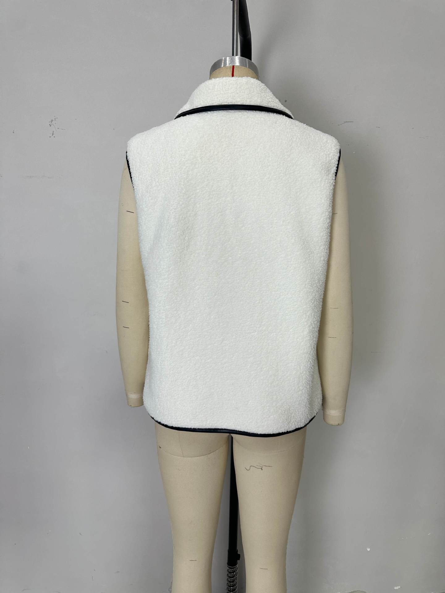 Faux Shearling Vest with Lapel Collar and Black Piping