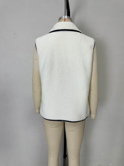 Faux Shearling Vest with Lapel Collar and Black Piping