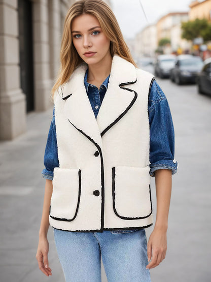 Faux Shearling Vest with Lapel Collar and Black Piping