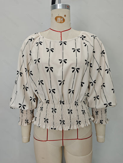 Bow Print Lantern Sleeve Blouse with Smocked Waist