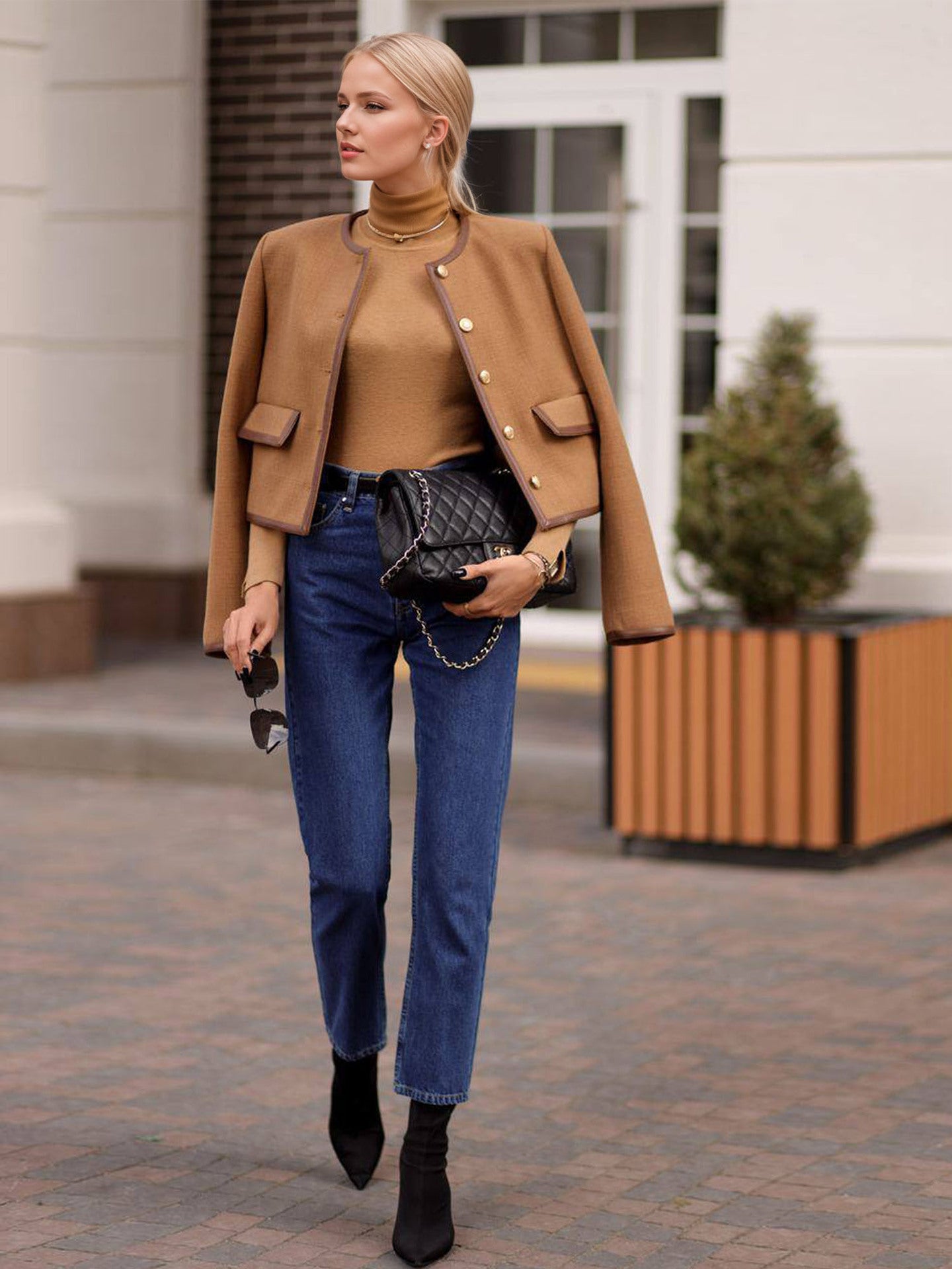 Cropped Jacket with Contrast Trim and Gold Buttons