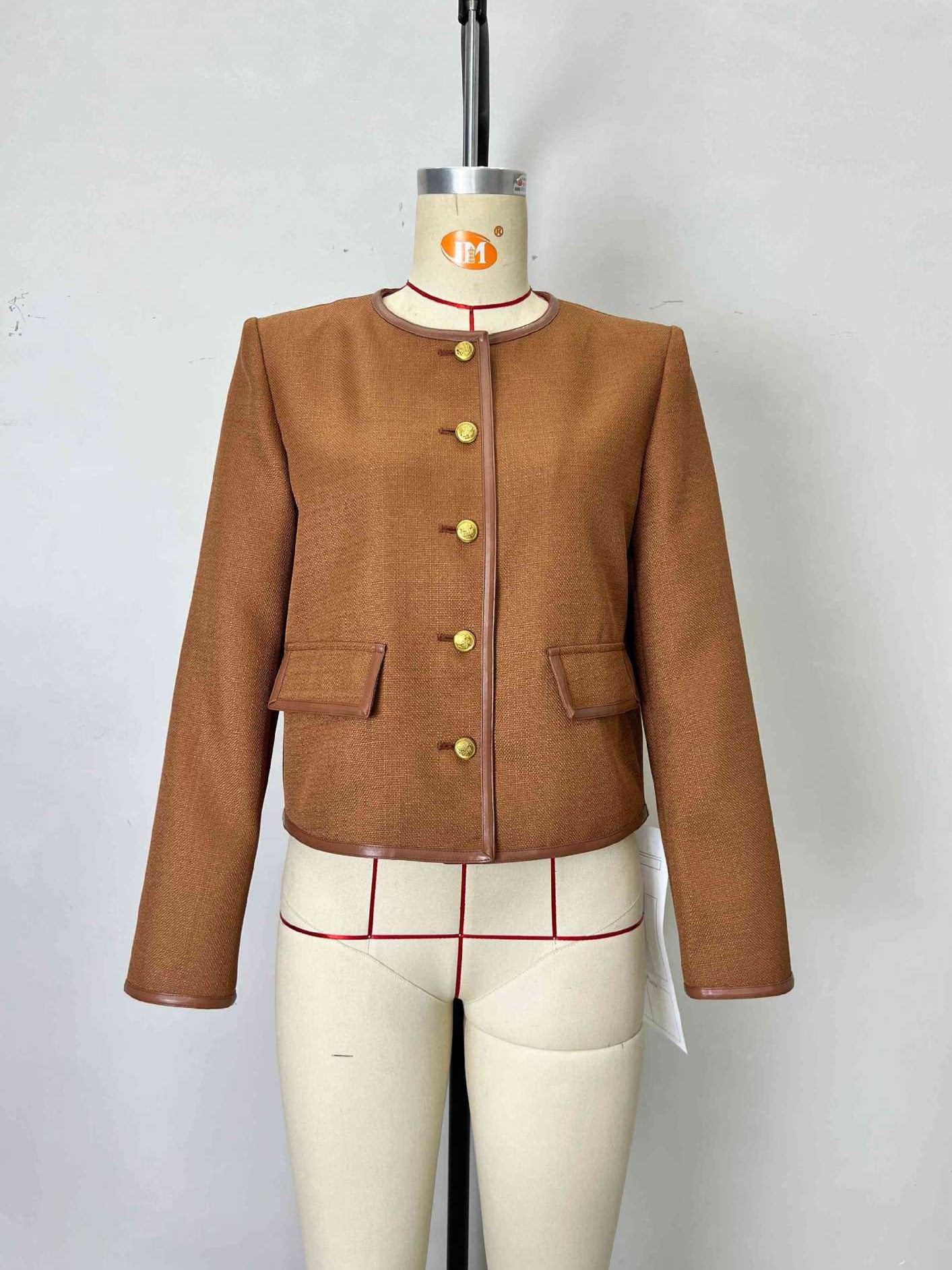 Cropped Jacket with Contrast Trim and Gold Buttons