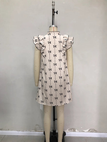 Abstract Plant Print A-Line Mini Dress with Ruffled Details