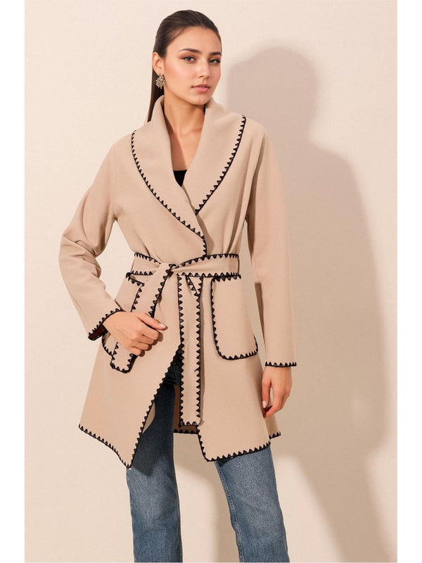 Belted Wrap Coat with Shawl Collar and Scalloped Trim