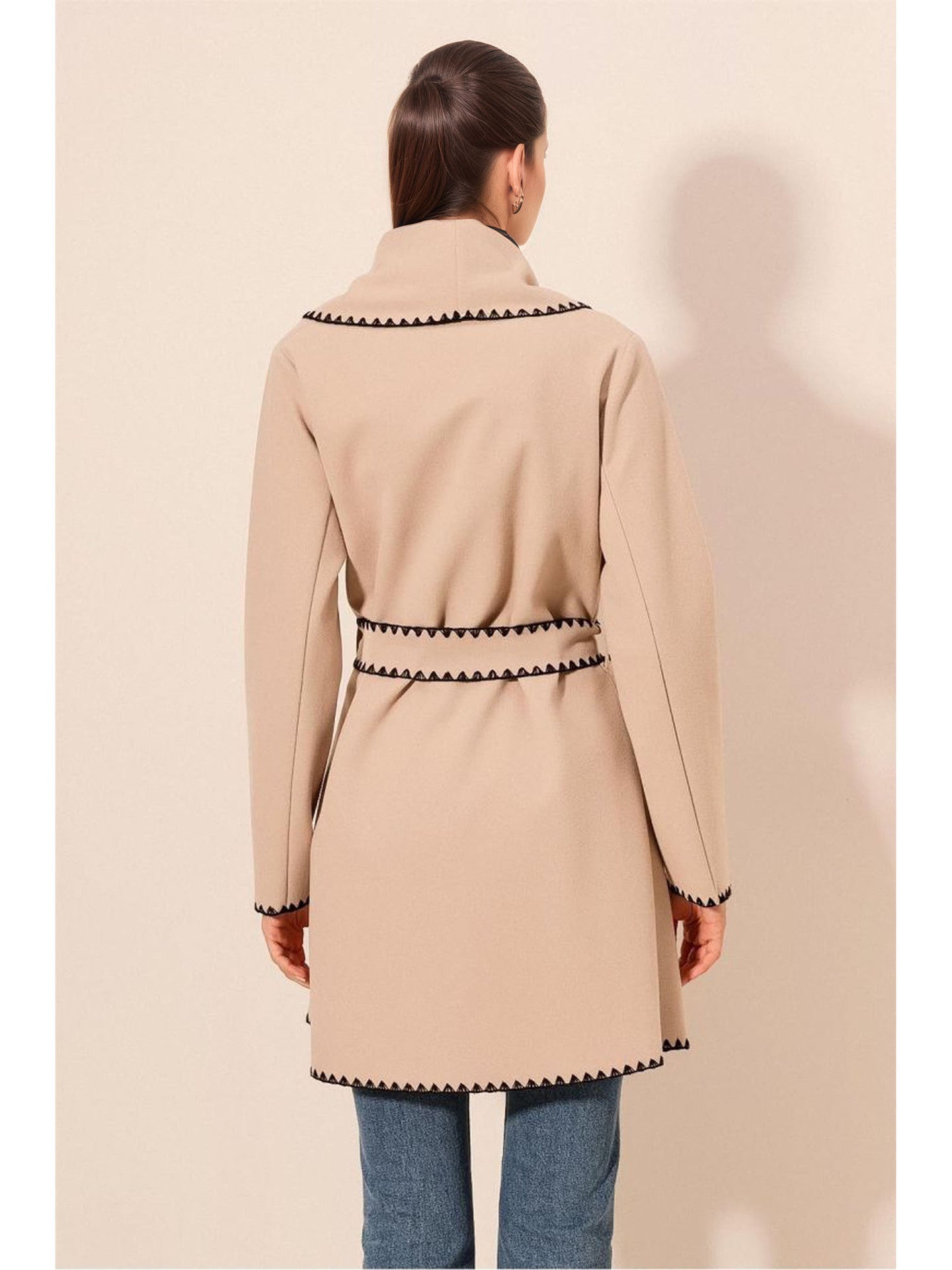 Belted Wrap Coat with Shawl Collar and Scalloped Trim