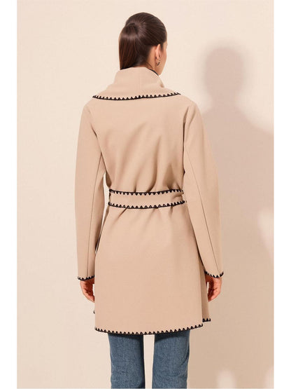 Belted Wrap Coat with Shawl Collar and Scalloped Trim
