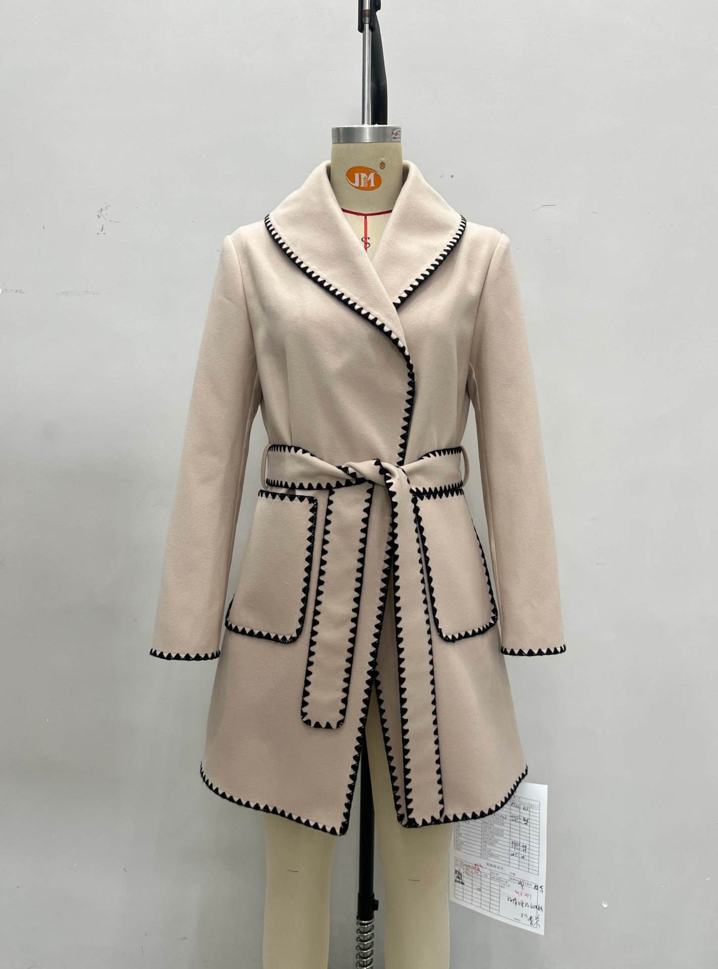 Belted Wrap Coat with Shawl Collar and Scalloped Trim