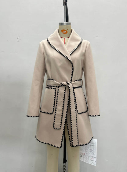 Belted Wrap Coat with Shawl Collar and Scalloped Trim