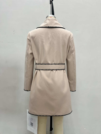 Belted Wrap Coat with Shawl Collar and Scalloped Trim