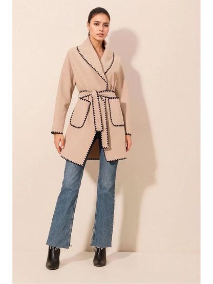 Belted Wrap Coat with Shawl Collar and Scalloped Trim