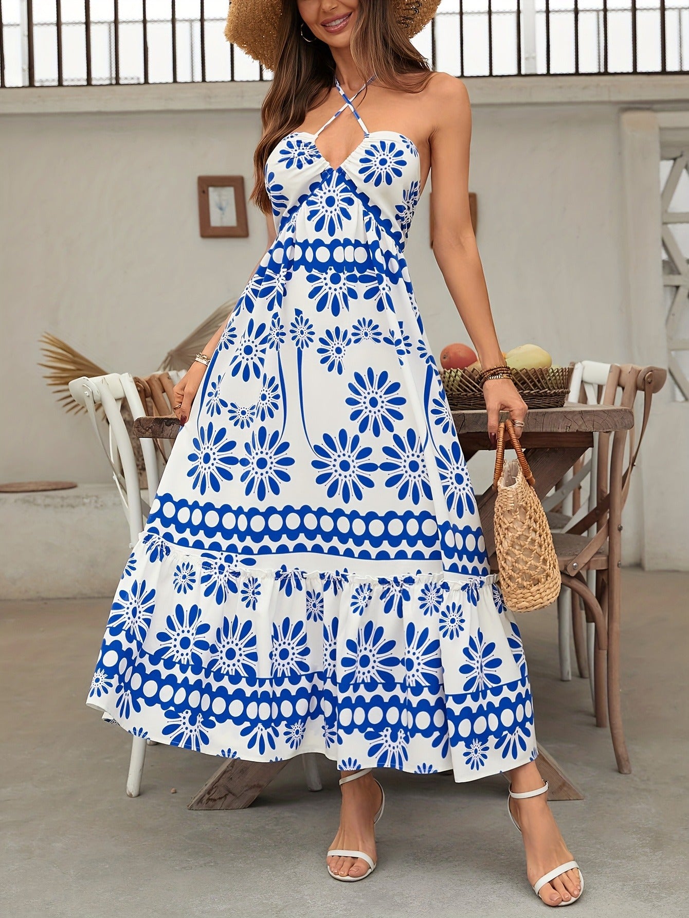 A-Line Floral Print Maxi Dress with Halter Neck and Ruffled Hem