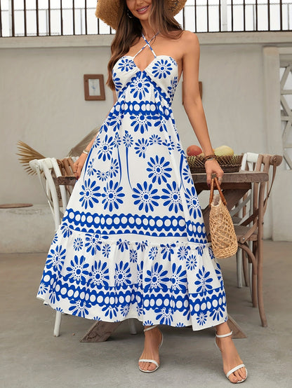 A-Line Floral Print Maxi Dress with Halter Neck and Ruffled Hem