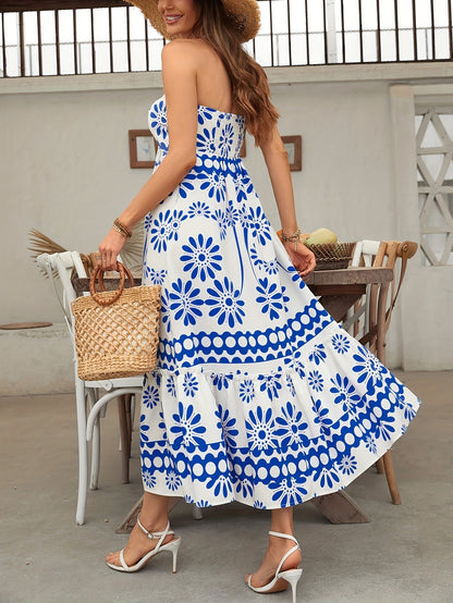 A-Line Floral Print Maxi Dress with Halter Neck and Ruffled Hem