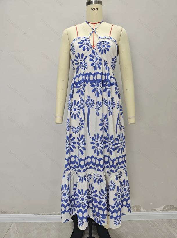 A-Line Floral Print Maxi Dress with Halter Neck and Ruffled Hem