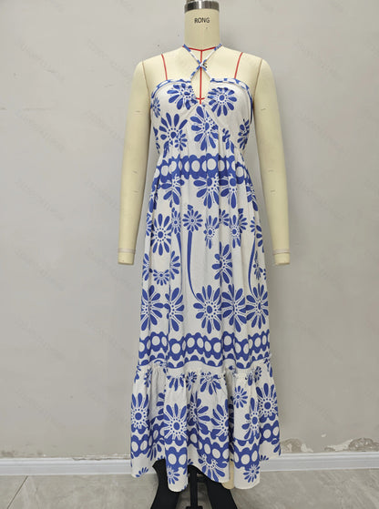 A-Line Floral Print Maxi Dress with Halter Neck and Ruffled Hem