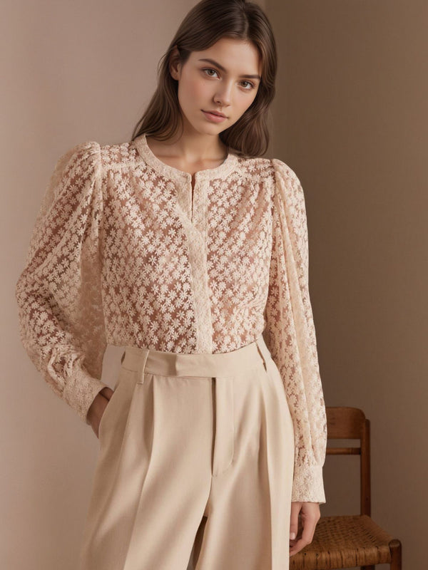 Floral Cut-Out Blouse with Round Neck and Long Sleeves