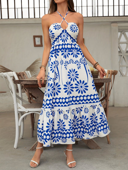 A-Line Floral Print Maxi Dress with Halter Neck and Ruffled Hem