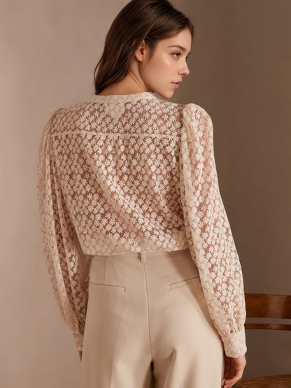 Floral Cut-Out Blouse with Round Neck and Long Sleeves
