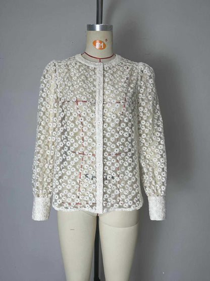 Floral Cut-Out Blouse with Round Neck and Long Sleeves