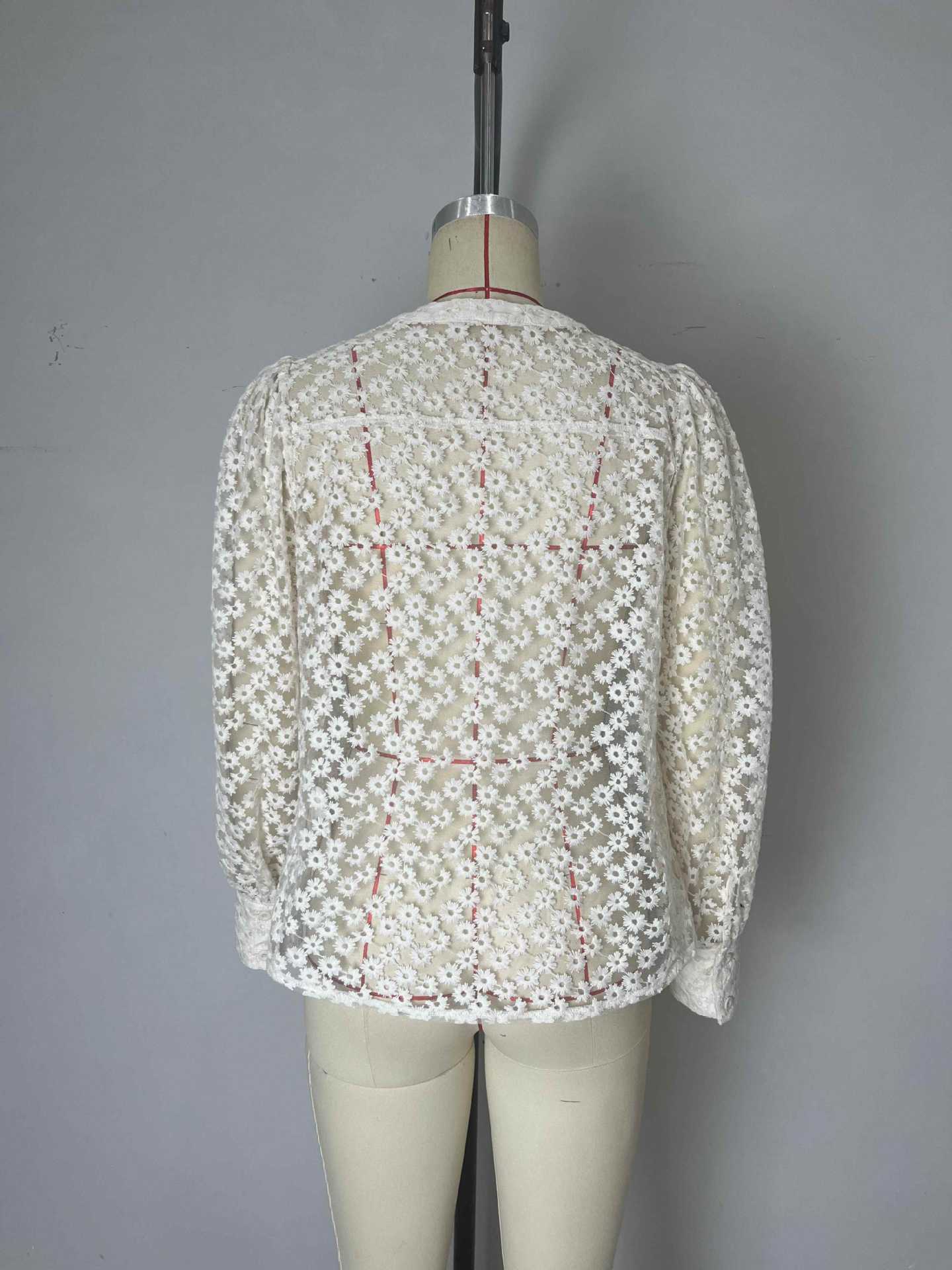 Floral Cut-Out Blouse with Round Neck and Long Sleeves