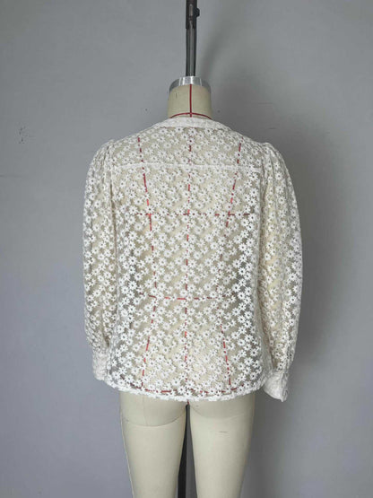 Floral Cut-Out Blouse with Round Neck and Long Sleeves