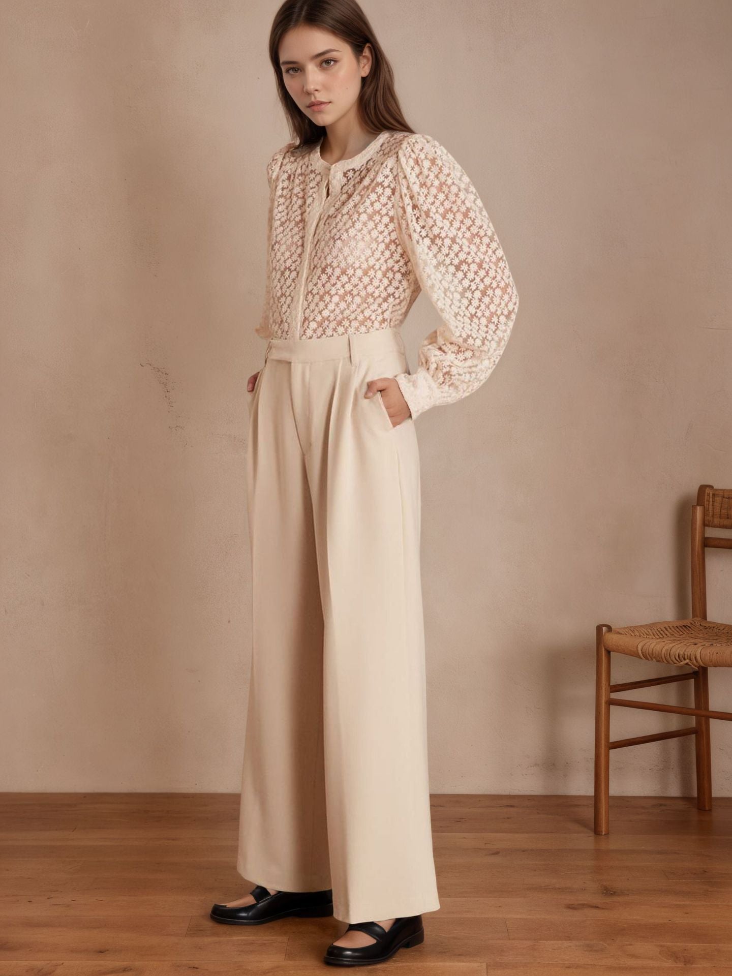Floral Cut-Out Blouse with Round Neck and Long Sleeves