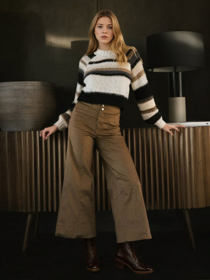 Cropped Wide-Leg Trousers with High Waist and Seam Detail